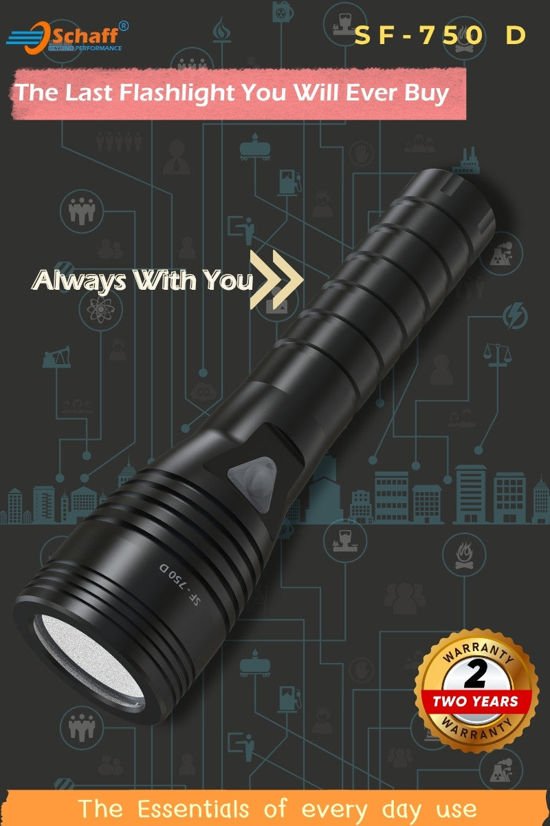 Schaff SF-750 D tactical flashlight in black anodized aluminum, shown diagonally on a dark gray background with circuit board graphics, promotional text, and a two-year warranty badge.