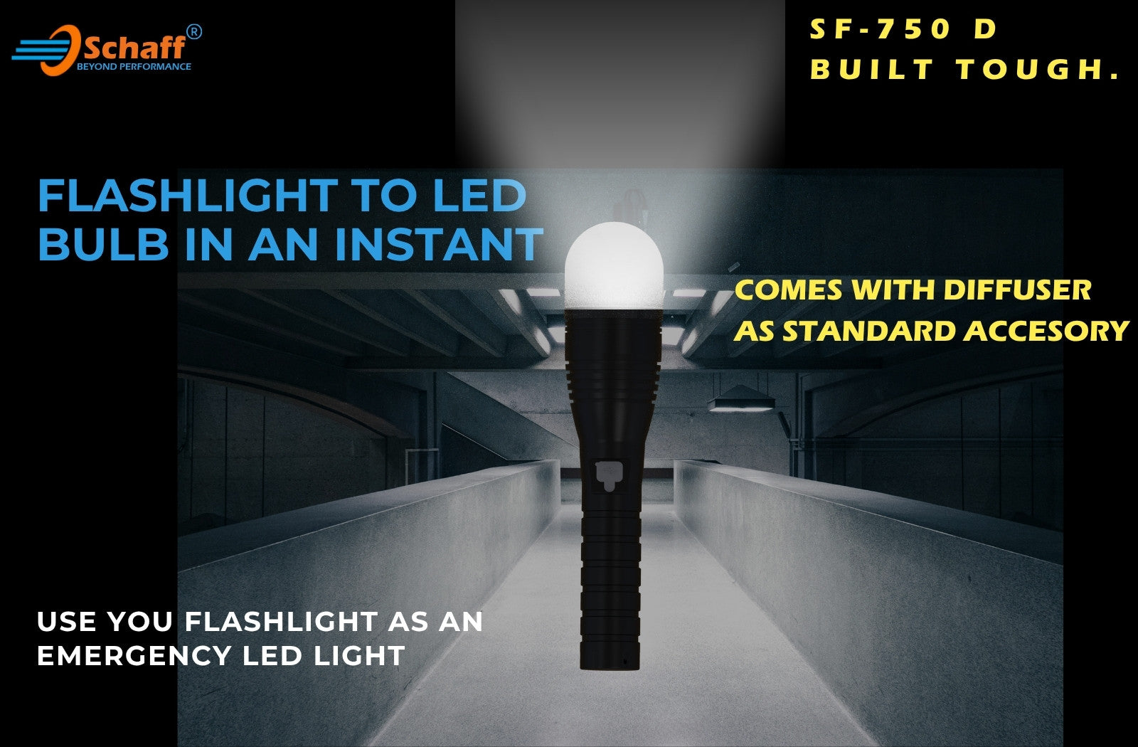 Schaff SF-750 D Premium Rechargeable Flashlight comes with a Light Diffuser as a standard Accesory